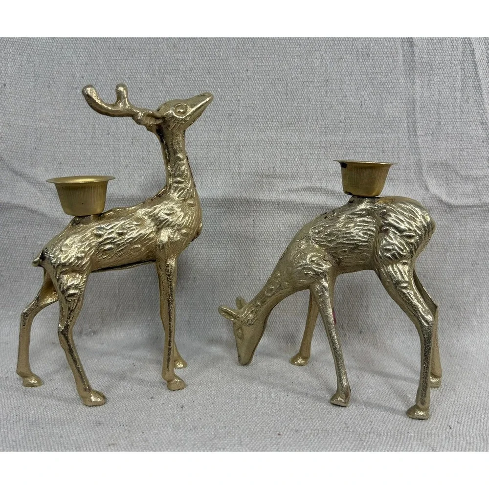 Vintage Brass Deer Candle Holder Set Gold Reindeer Buck Doe Christmas Decor 6in